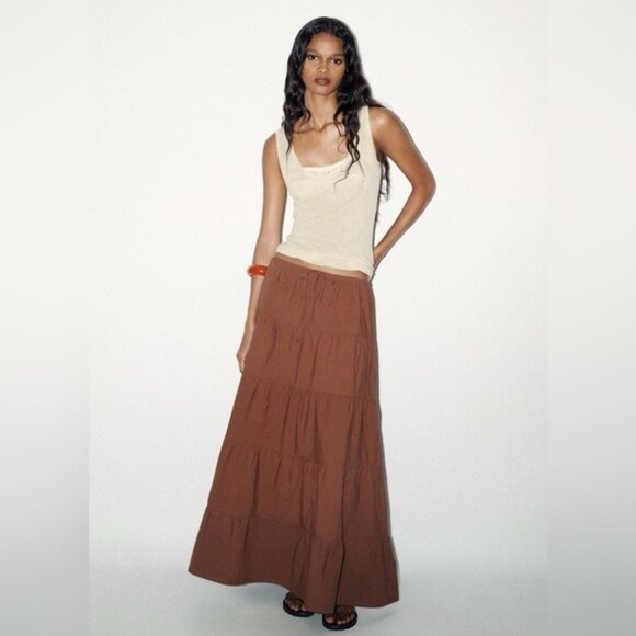 🌞 ZARA Tiered Maxi Skirt in Chocolate Brown Medium - Picture 2 of 12